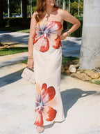 Strapless Straight Neck Floral Print Satin Column Maxi Slip Dress