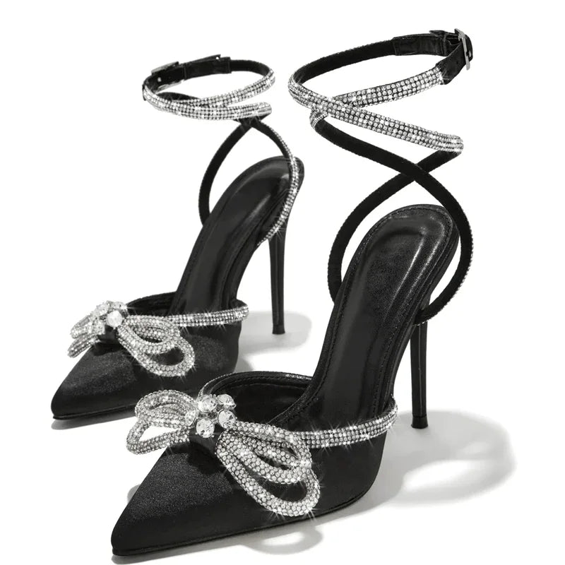 Crystal Buckle Strap Women Pumps with Butterfly-knot Detail and Thin High Heels