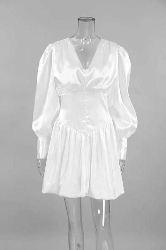 V-Neck Pleated Long Sleeve A-Line Patchwork Mini Dress