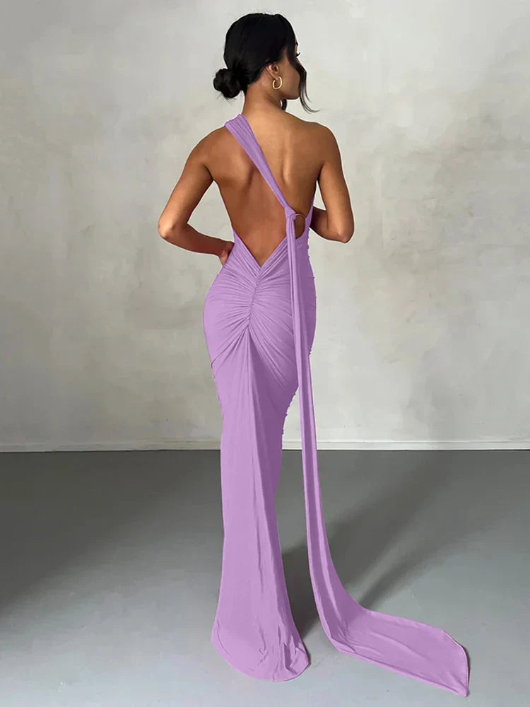 Halter Neck Open Back Draped Sash Ruched Ring Detail Maxi Dress