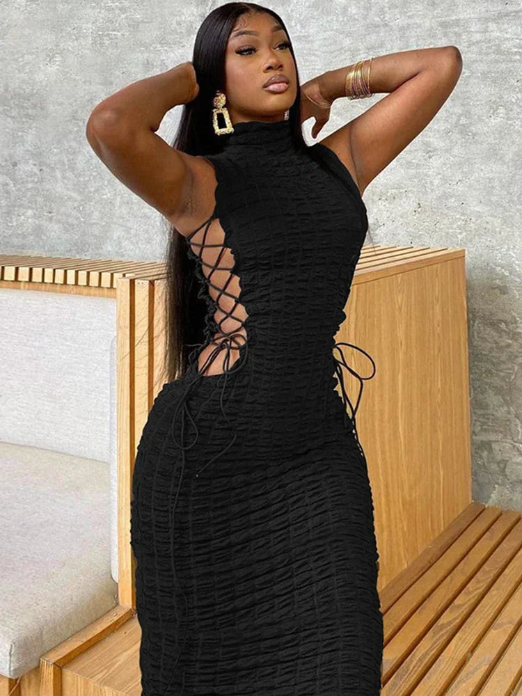 Mock Neck Popcorn Texture Side Lace Up Cut Out Bodycon Midi Dress