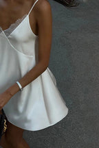 V-Neck Spaghetti Strap Backless Mini Dress with Lace Detail