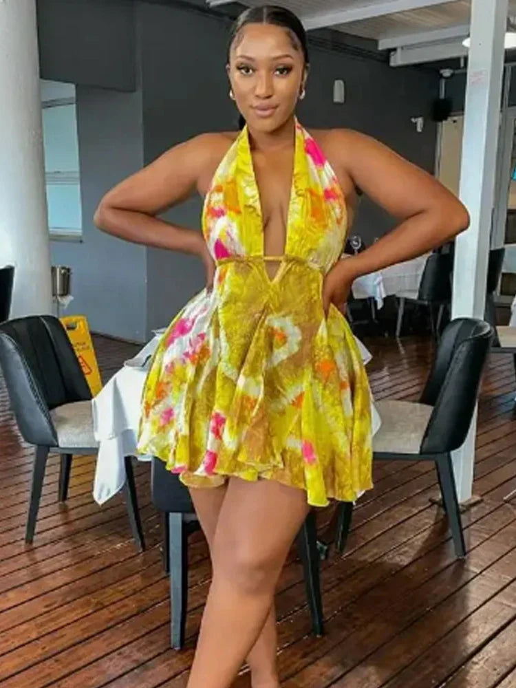 Tie-Dye Print Halter Deep V-Neck Flared Mini Dress