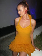 Halter Neck Braided Trim Textured Knit Fringe Hem Mini Dress