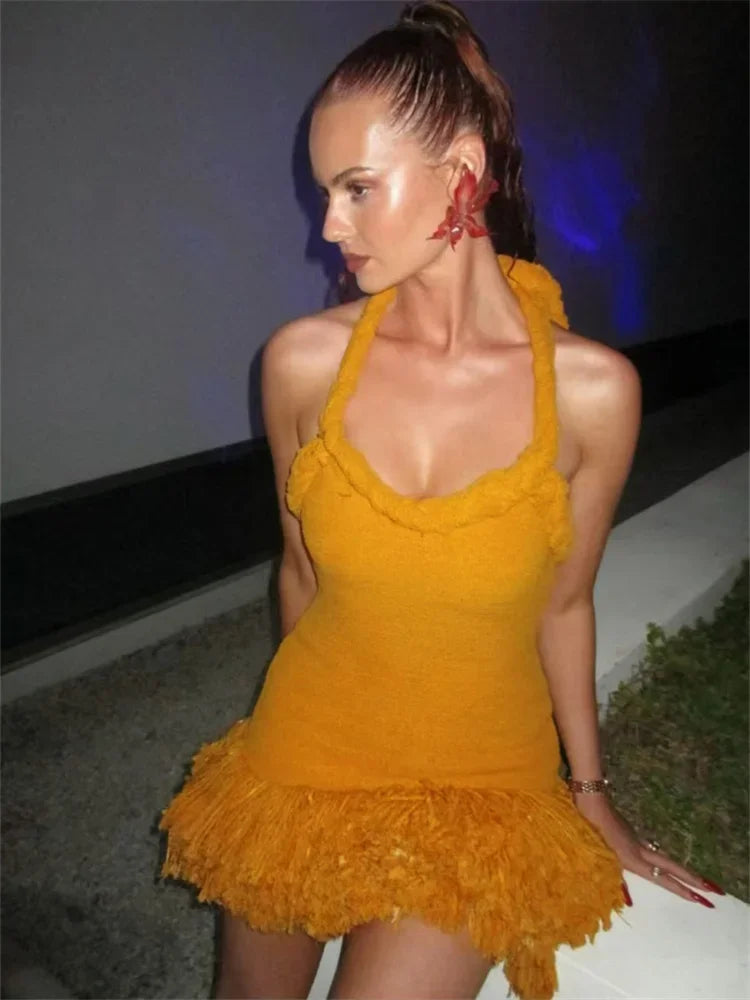 Halter Neck Braided Trim Textured Knit Fringe Hem Mini Dress