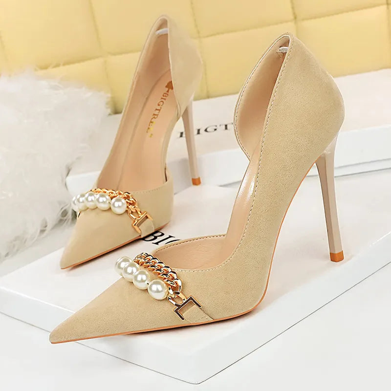 Spring Pearl Metal Chain High-heels Checked Grain Stilettos Women