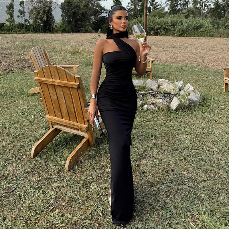 One Shoulder Ruched Bodycon Long Sash Drape Maxi Gown