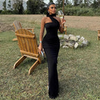 One Shoulder Ruched Bodycon Long Sash Drape Maxi Gown