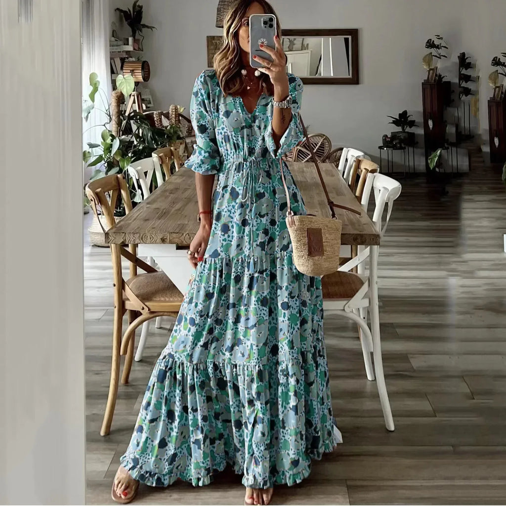 Deep V-Neck Drawstring Waist Tiered Ruffle Abstract Print Maxi Dress