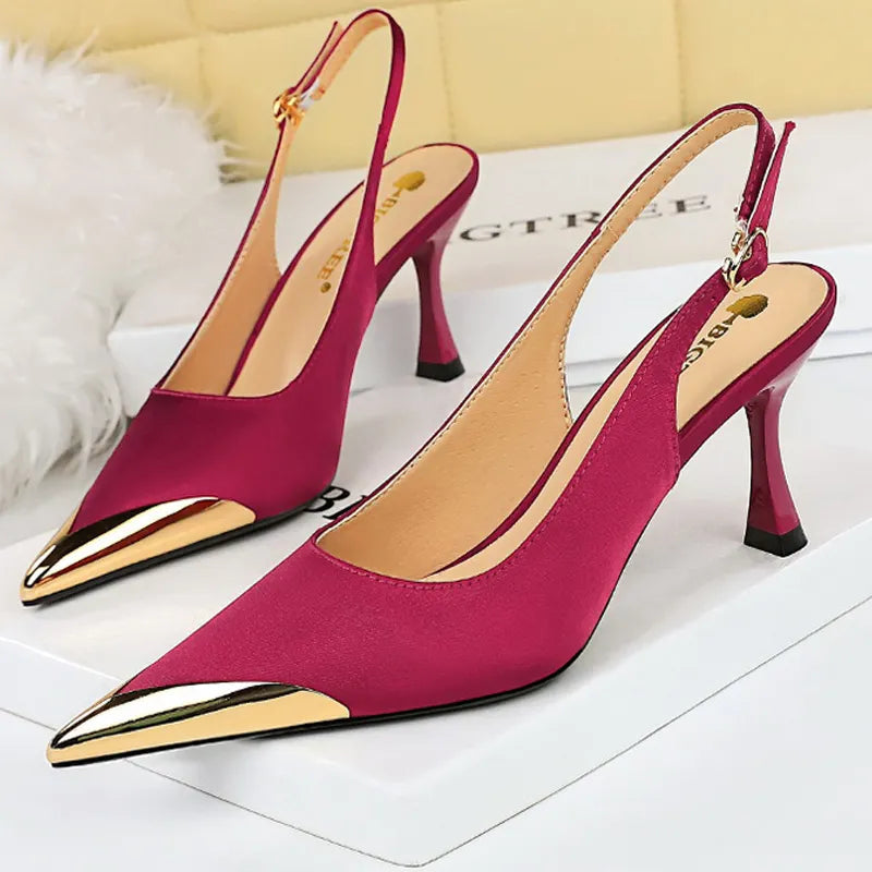 Metal Pointed Women Pumps with 7 cm Kitten Heels in Silks and Satins, Hollow Back