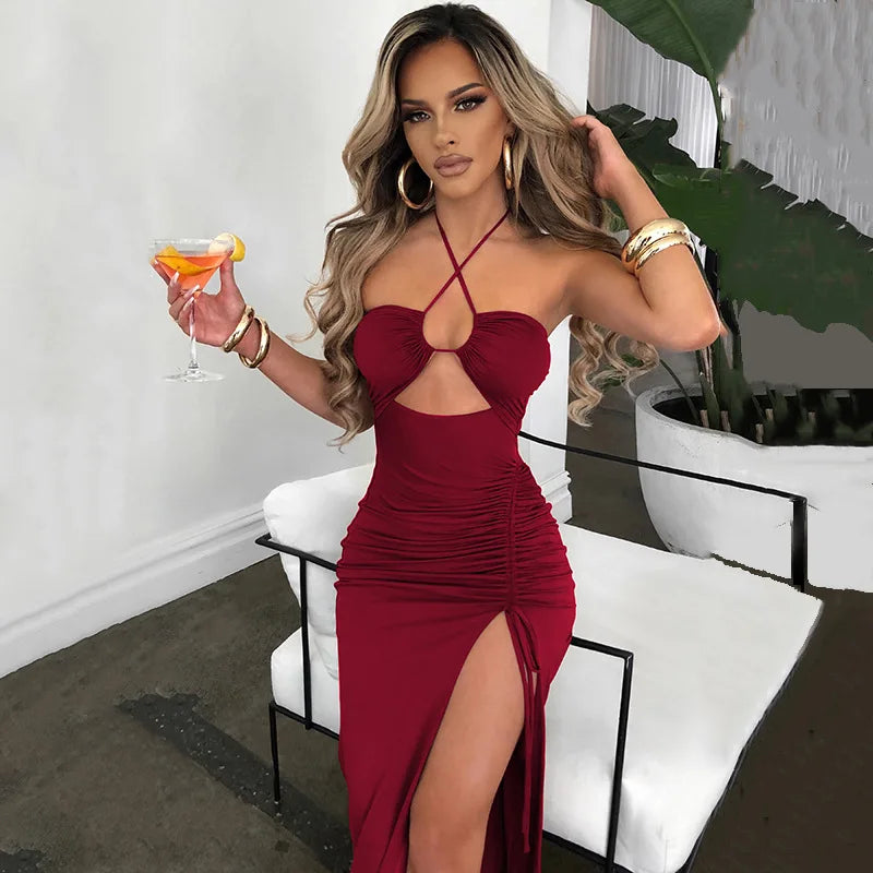 Halterneck Criss Cross Strap Ruched Bust Cut Out Drawstring Side Slit Midi Dress
