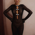 Crochet Open Knit Frog Closure Teardrop Cut Out Long Sleeve Bodycon Dress