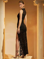 Mock Neck Keyhole Cut Out Lace Wrap Buckle High Slit Maxi Dress