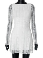 White Lace See-Through Mini Dress For Women Fashion High Waist Patchwork Slim Elegant Party Dress Gown Ladies Solid Dress