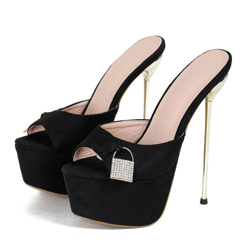Metal Buckle Platform Slippers with Super Thin High Heels for Women