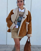 Fashion Lamb Woolen Spliced Warm Coat For Women Vintage Side Buttons Lapel Full Sleeve Jackets Lady Autumn Winter Thick Outwear