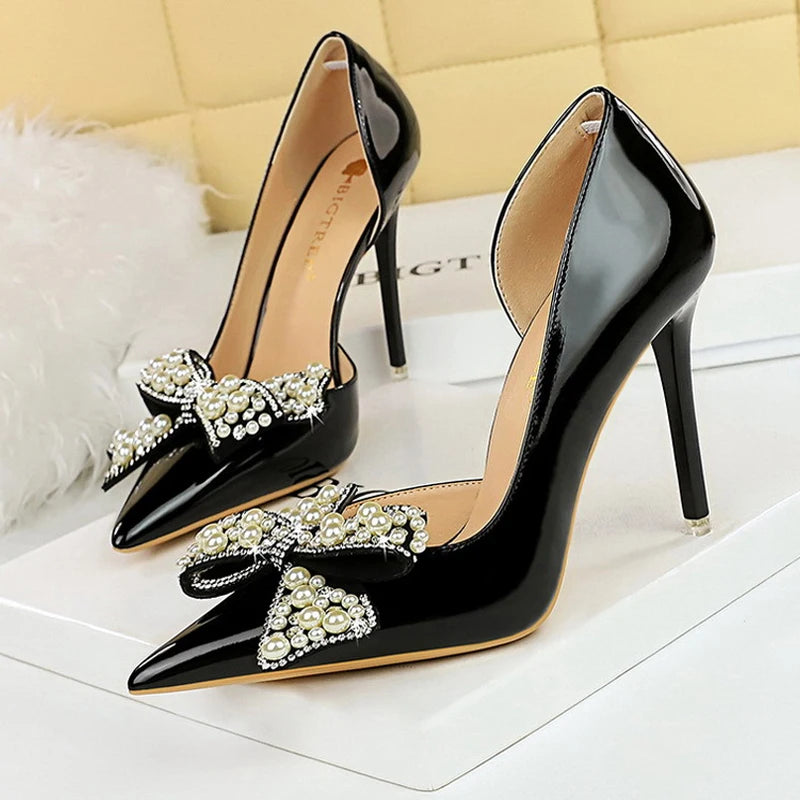 Women's Luxury Bowknot Pearl Rhinestone Patent Leather High Heels