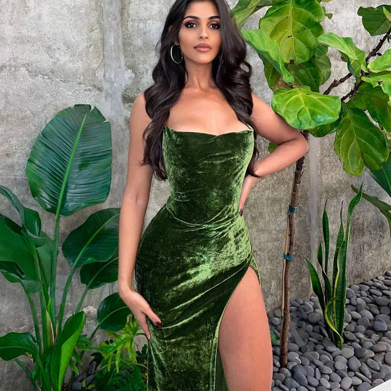 Velvet Cowl Neck Spaghetti Strap High Slit Bodycon Maxi Slip Dress