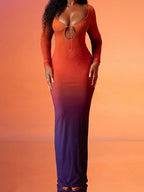 Long Sleeve Tie Front Keyhole Side Cut Out Bodycon Maxi Dress