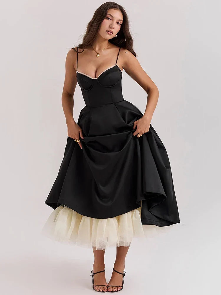 Lace Trim Corset Spaghetti Strap Tulle Underlay Full Skirt Midi Dress