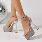 Gold Silver Peep Toe Sandals with Transparent Detail