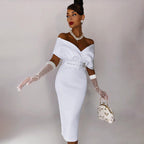 Off Shoulder Draped Cap Sleeve Wrap Belt Grommet Bodycon Midi Dress