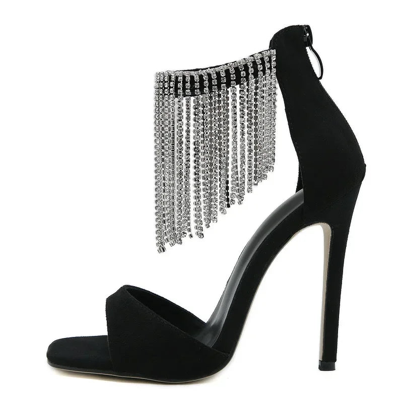 Crystal Fringe Peep Toe Sandals with Zipper and Thin High Heels