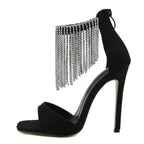 Crystal Fringe Peep Toe Sandals with Zipper and Thin High Heels