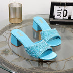 Luxurious ladies slippers with thick square head and 6cm coarse heel
