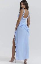 Chiffon Square Neck Ruffle Strap Wrap Cascading Ruffle High Split Maxi Gown
