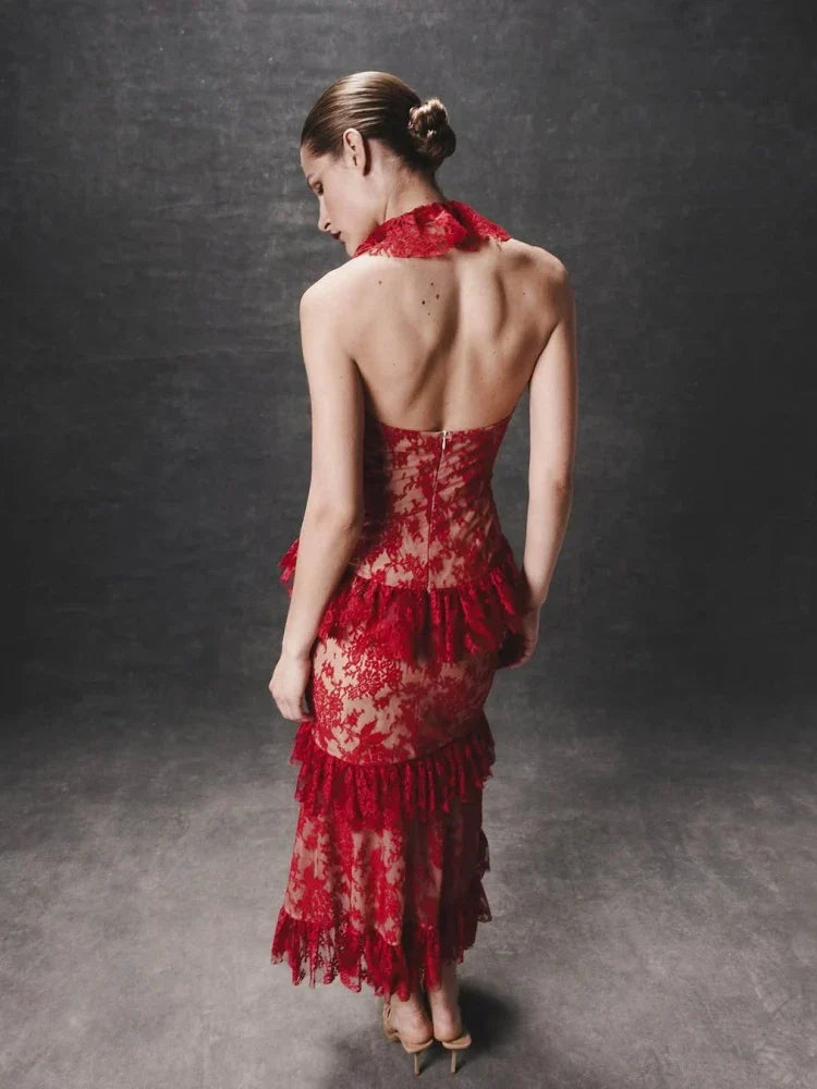 Floral Lace Halter Deep V-Neck Peplum Tiered Ruffle Midi Dress