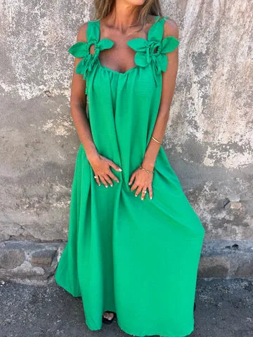 Bow Shoulder Strap Scoop Neck Loose Fit Pocket Maxi Dress