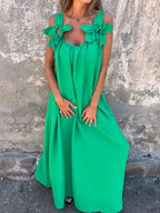 Bow Shoulder Strap Scoop Neck Loose Fit Pocket Maxi Dress