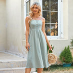 Square Neck Spaghetti Strap Button Front Empire Waist A-Line Midi Dress