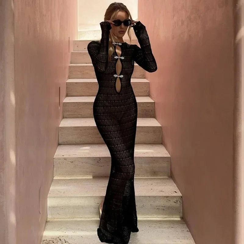 Crochet Open Knit Frog Closure Teardrop Cut Out Long Sleeve Bodycon Dress
