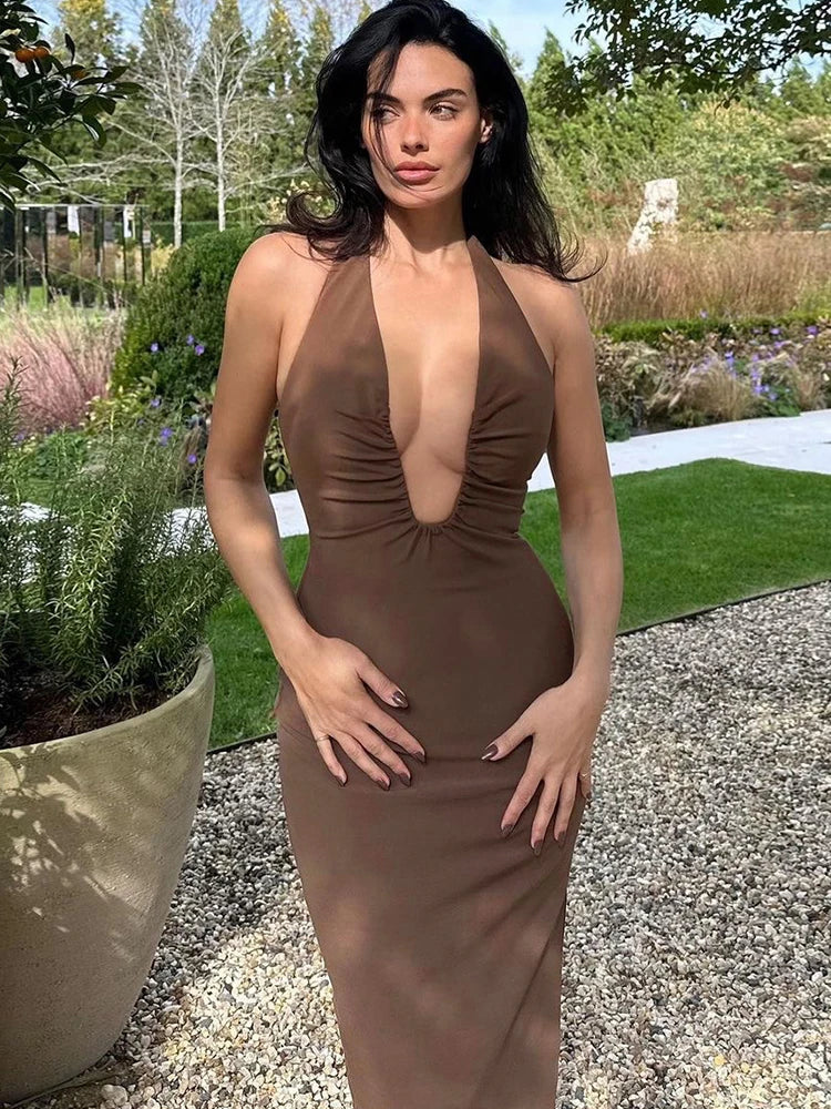 Halter Neck Deep Plunge Ruched Side Bodycon Maxi Dress
