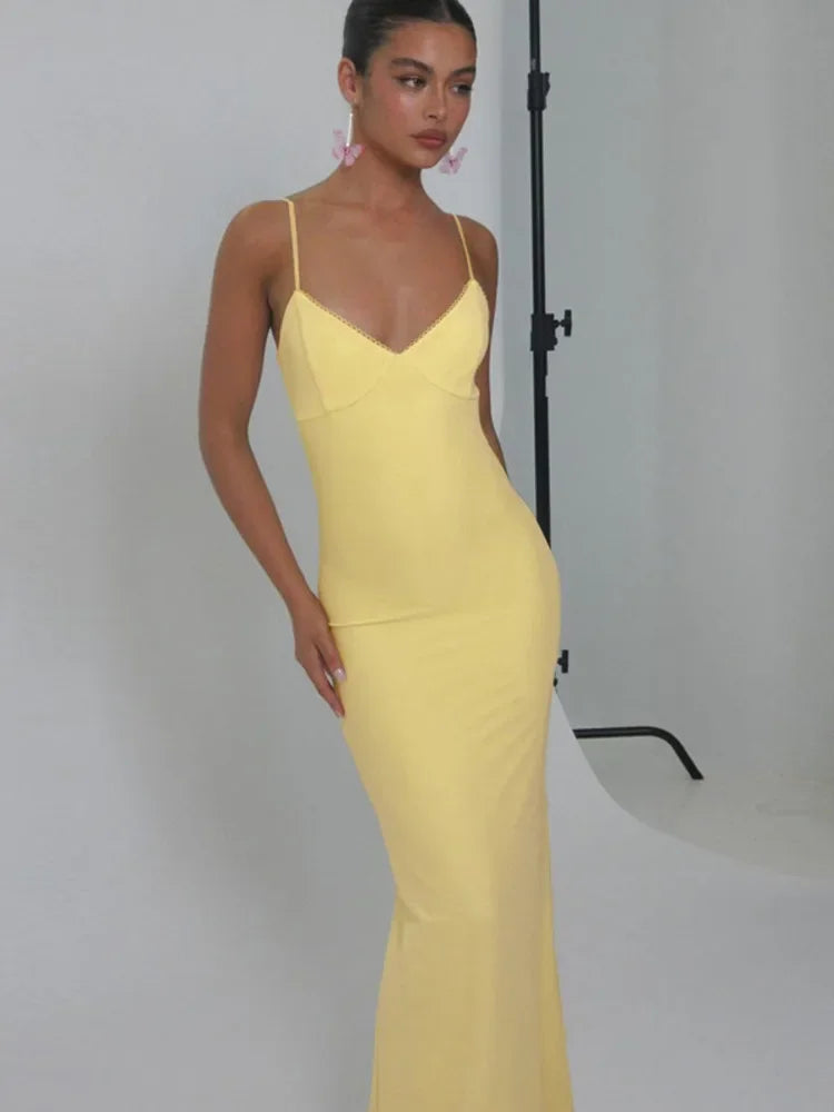 Spaghetti Strap Deep V-Neck Bodycon Midi Dress