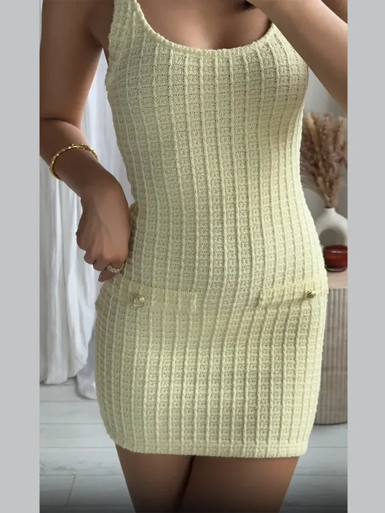 Scoop Neck Ribbed Knit Button Flap Pocket Detail Bodycon Mini Dress