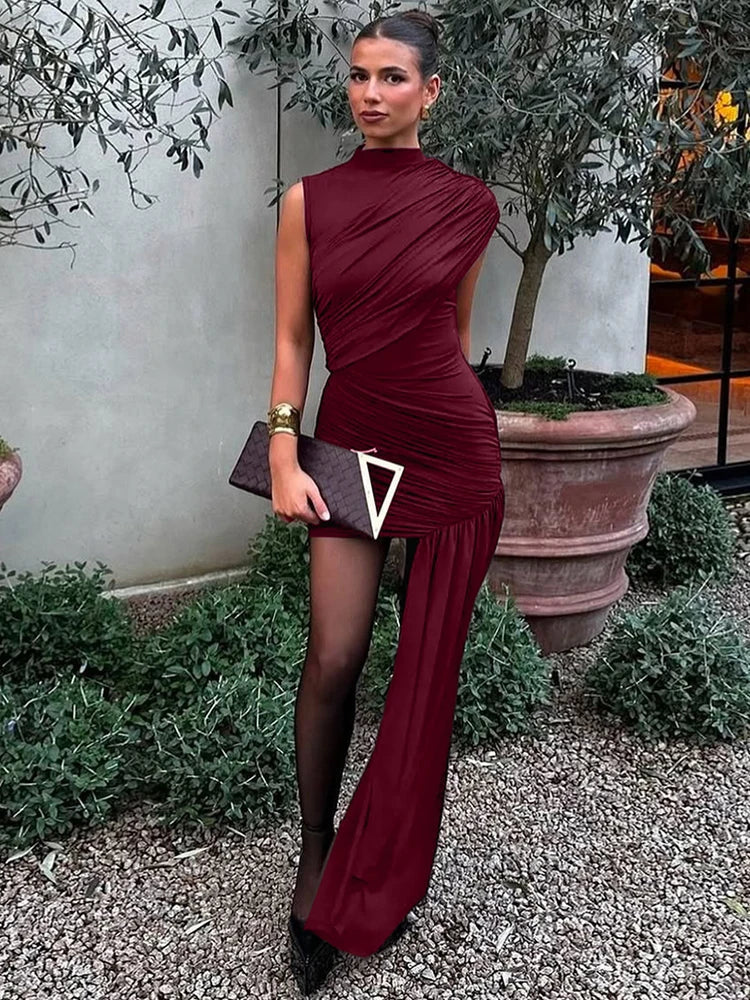 One Shoulder Ruched Asymmetric Drape Train Bodycon Mini Dress