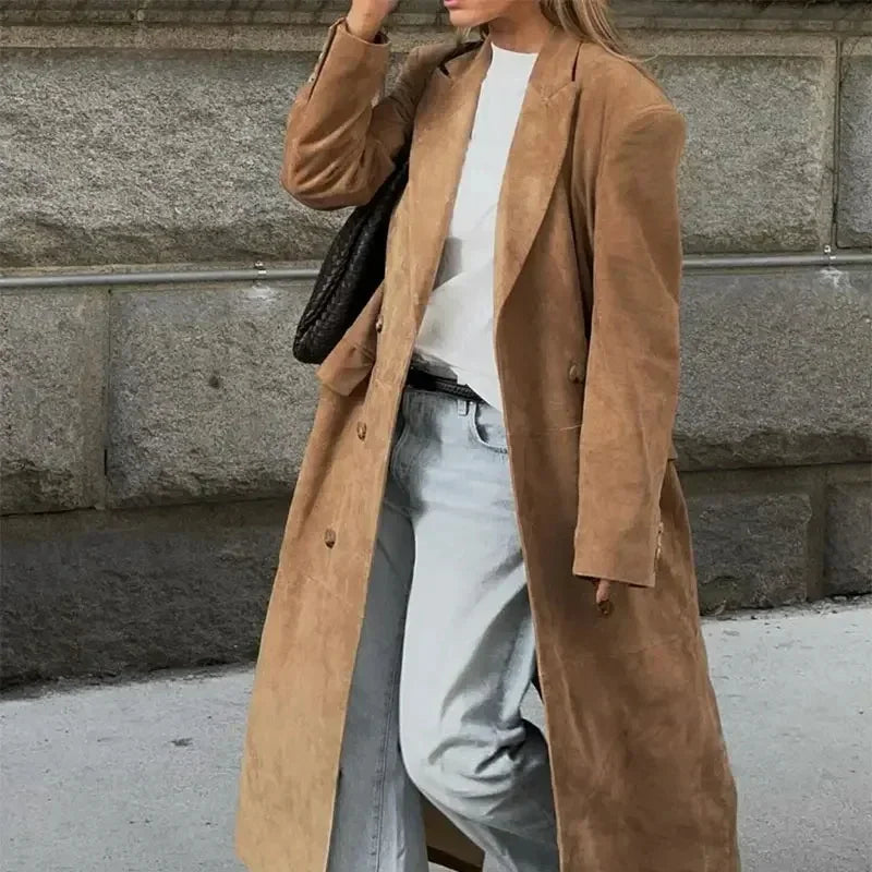 Casual Solid Long Women Streetwear Long Sleeve Turn-down Collar Double Breasted Female Coat 2025 Autumn Fashion Lady Jacket New