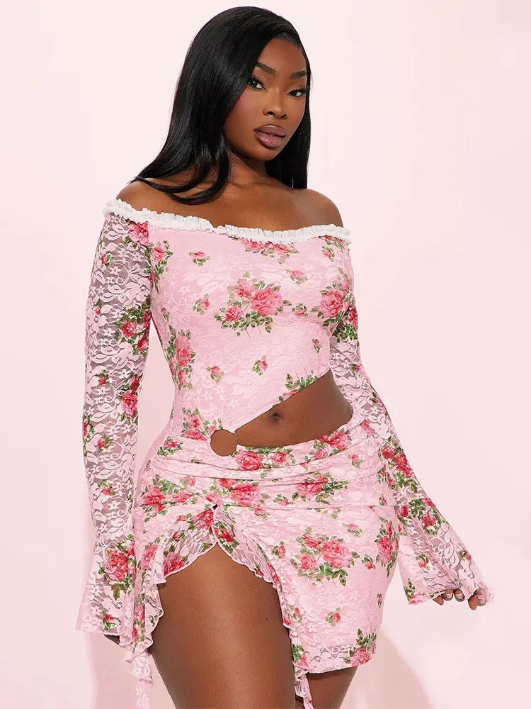Floral Lace Off Shoulder Long Sleeve Crop Top Mini Skirt Set