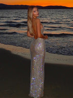 All Over Sequin Spaghetti Strap Scoop Neck Mermaid Maxi Gown