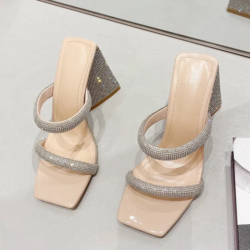 Glitter Rhinestones Triangle Thick Heel Slippers