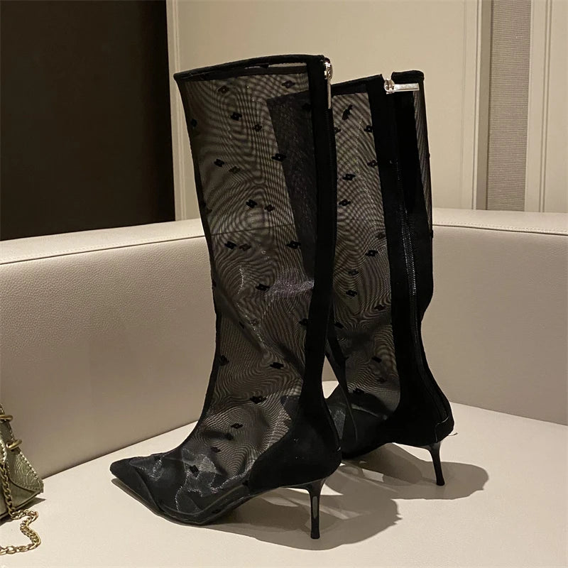 Mesh Knee-High Boots with Thin Heels and Pointed Toe Zipper Sandals