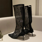 Mesh Knee-High Boots with Thin Heels and Pointed Toe Zipper Sandals