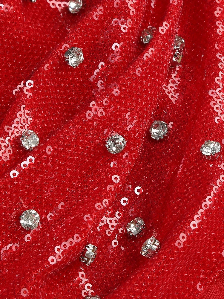 Red Satin Gown Dress with One Shoulder and Sequin/Rhinestone Details