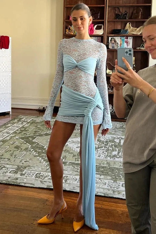 Pleated O-Neck Long Sleeve Mini Dress with See-Through Detail