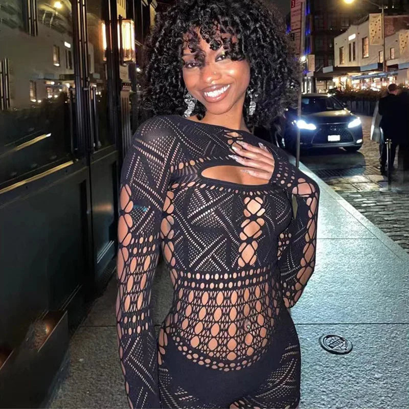 Geometric Crochet Lace Up Cut Out Moto Jacket Bodycon Mini Dress