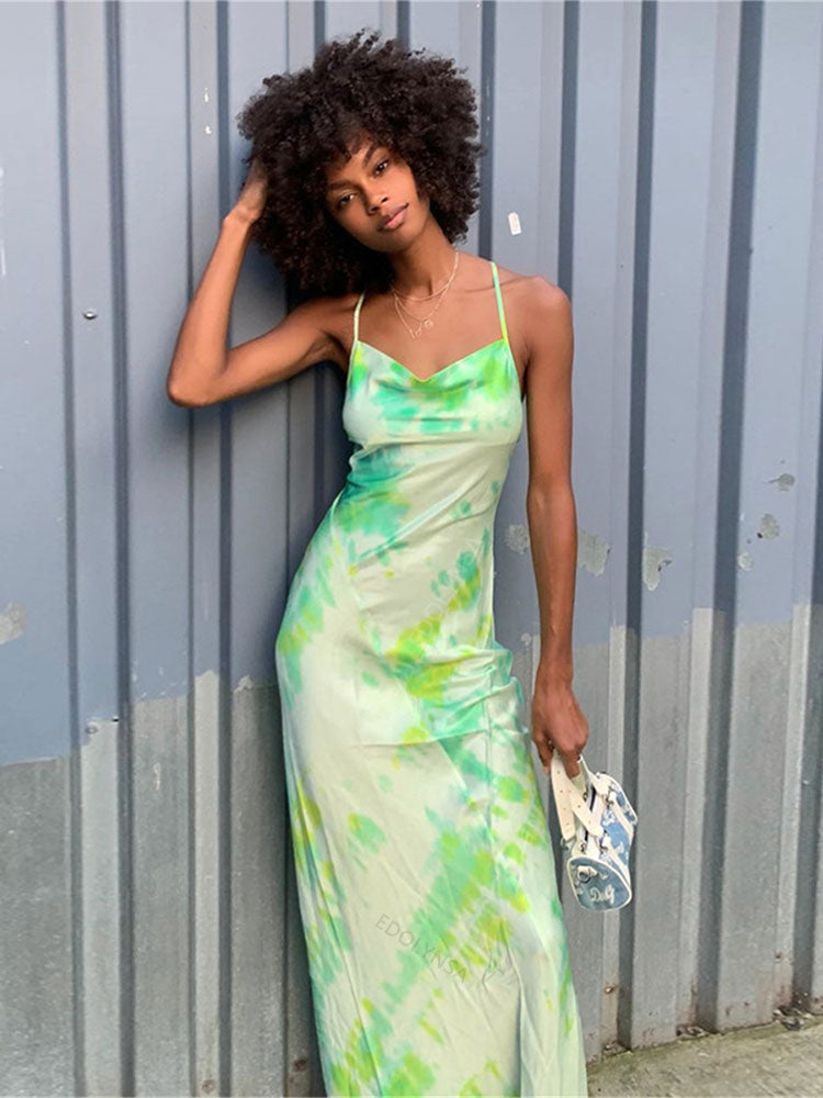 Tie-Dye Print Cowl Neck Spaghetti Strap Slip Maxi Dress