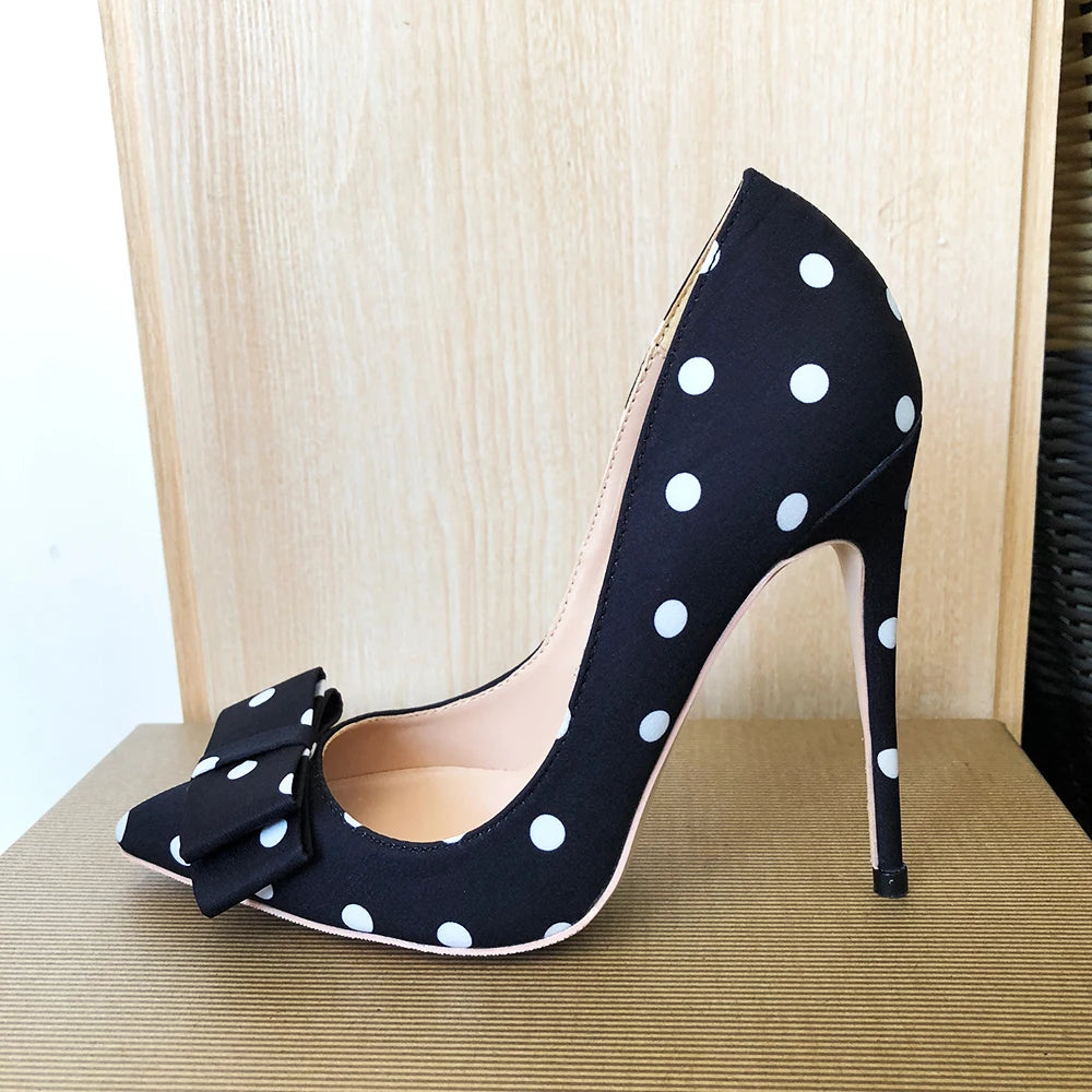 Black Satin Stiletto High Heels with Polka Dot Design